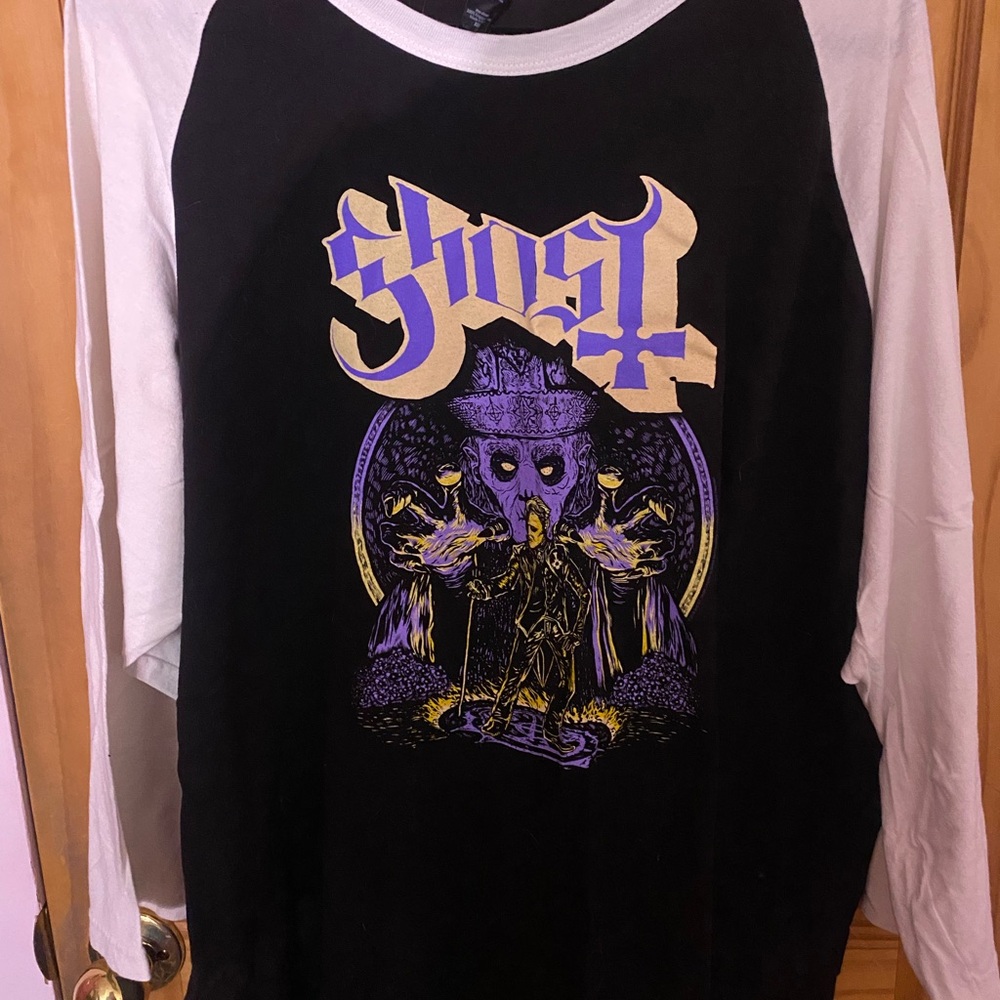 Ghost - band tshirt Black and White Striped Raglan Tee with Purple Logo Accent